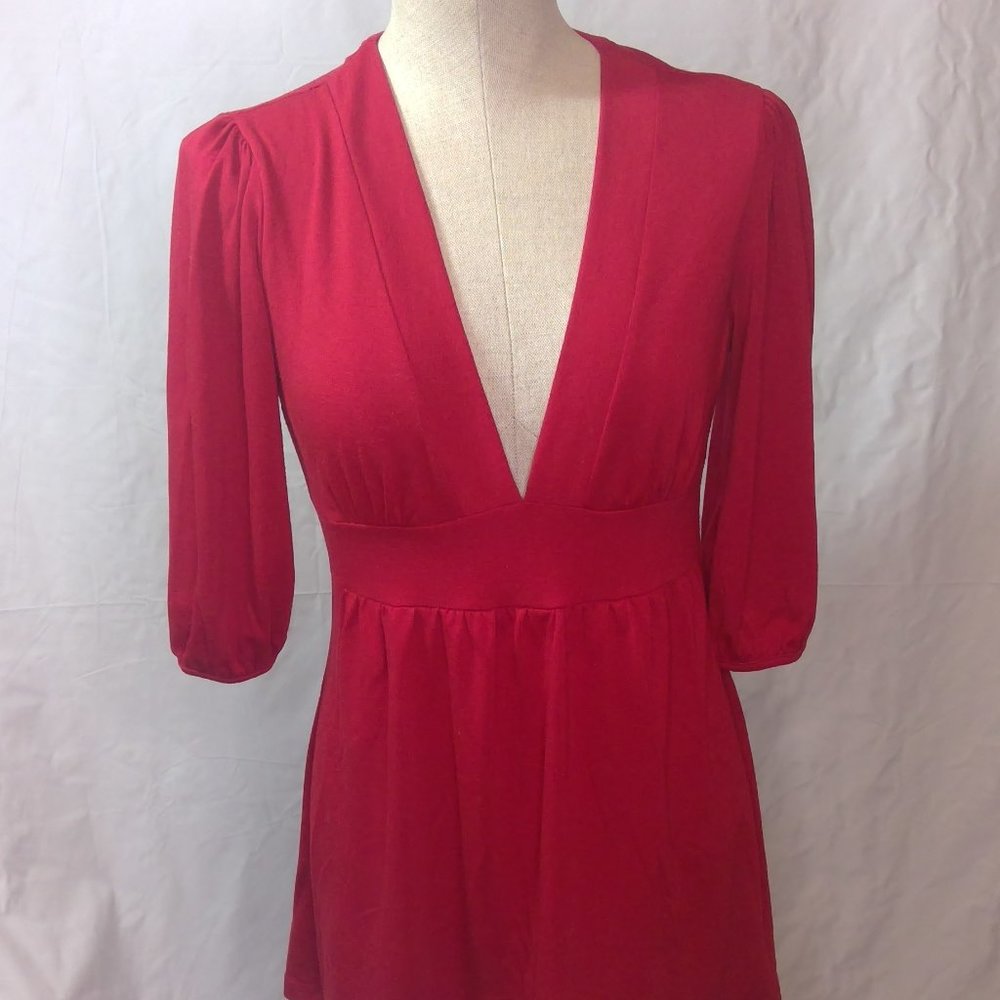 Red Knit Plunge-Neck Mini-dress-3/4 Puffed Sleeves